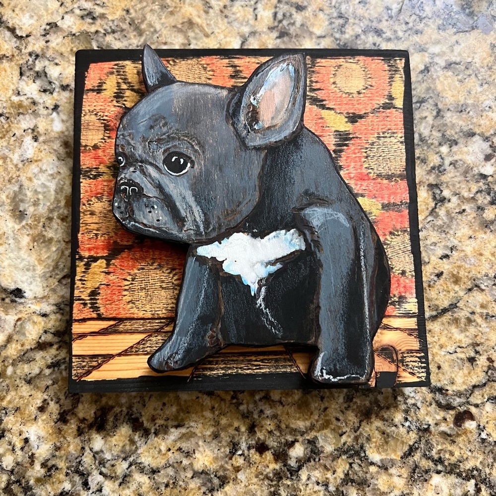 Custom French bull dog wooden drawing